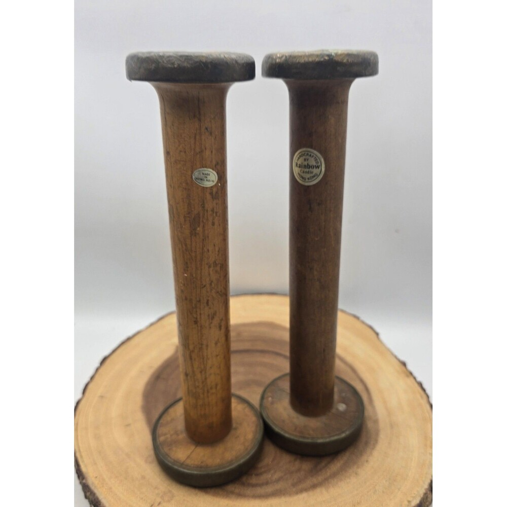 2 Vintage Wooden Spools Bobbins Decorative 10 Inches Tall Primitive